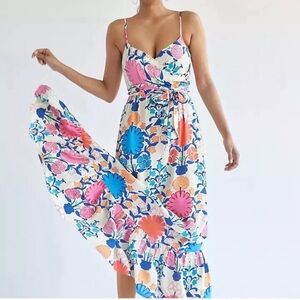 Off-White Floral Wrap Maxi Dress with Ruffled Hem